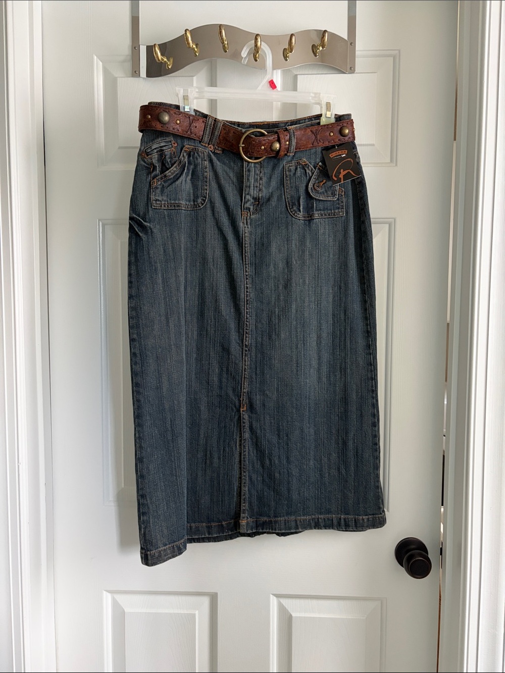 Riders by Lee Indigo Denim Midi Skirt with Brown Leather Belt